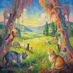 an hiper intricate oil painting of a beautifull serene landscape with surreal animals surounded by melting colorfull wax drips, colorfull, excelent composition, wide shot, by yoshitaka amano, by ellen jewett, by greg rutkowski, by jeremyg lipkinng, by rhads, by ross tran, artstation, octane render