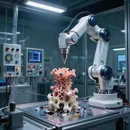 a complex thick bifurcated robotic cnc surgical arm cybernetic symbiosis hybrid mri 3 d printer machine making some organic ceramic fractal forms in a glass living room laboratory room with control panels, glass data cables, broken open hive mind, knobs, camera lens orbs, dramatic 3 point lighting, highly detailed larval stage, photo from the movie stargate,