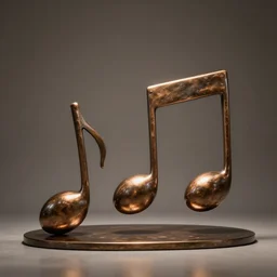 a sculpture of three quater notes, art installation, made of polished broze, cinematic light, 8 k, octane render, reflections,