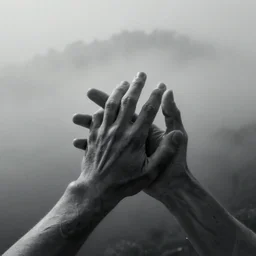hand and arm reaching out of thick fog, fingers clasped together, extremely detailed, intricate, zdzislaw beksinski