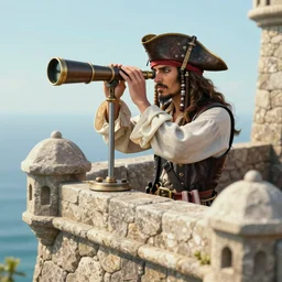 captain pirate looking trough a telescope. from the top of a stone fort. intricate, elegant, highly detailed, digital painting, artstation, concept art, sharp focus, illustration, by justin gerard and artgerm, 8 k