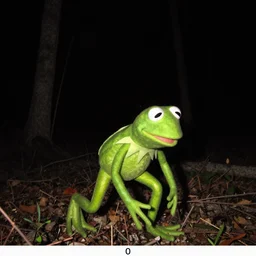 scary trail camera photo of kermit the frog at night!!!!!! walking in the forest. blury. flash