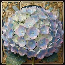 hydrangeas, rococo and art nouveau fusion, iridescent diaphanous refractive and reflective flower bouquet, tarot card, highly detailed, deep focus, elegant, digital painting, smooth, sharp focus, illustration, ultra realistic, 8 k, art by artgerm and alphonse mucha