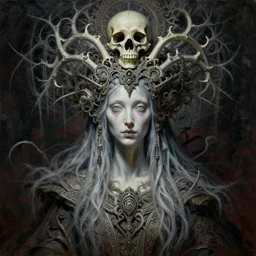 a hiper intricate oil portrait of a ghost godess, ornate bone headpiece, excelent composition, wide shot, by zdzislaw beksinski, intricate, horror atmosphere, unreal engine 5 highly rendered, global illumination