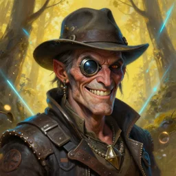 an intimate portrait of a gnarly human flowerpunk captain, old skin, faded fedora, charming, strong leader, metal eye piece, a look of cunning, big smile, detailed matte fantasy painting, golden forest, lasers, sparks, yellow and blue and cyan