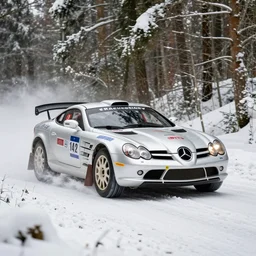 a 2 0 0 9 mercedes - benz slr stirling moss, racing through a rally stage in a snowy forest