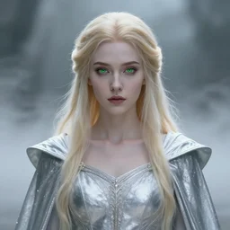 beautiful pale sorceress in silver cloak who has a symmetrical face, green eyes, long blonde hair, surrounded by ethereal fog highly detailed unreal engine