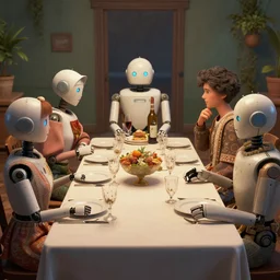 a table dinner of android robots where robots are dressed like the characters from the midsommar movie, realistic detailed digital art by maxwell boas jessica rossier christian dimitrov anton fadeev trending on artstation cgsociety rendered in unreal engine 4 k hq