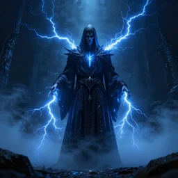 character design, dark arcanist, blue lightning, blue mist, fog, scary, photorealistic, cinematic, hyper realistic, octane render, 8 k, wide angle