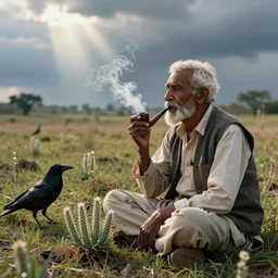 elderly Indian Don Juan is sitting in a field with peyote and smoking a pipe , a raven walks next to him