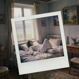 Girl laying on the bed by the window in pajama, early morning, high Ange view, Cottage core, in a country house, Cinematic focus, atmospheric lighting, Polaroid photo, bleached, vintage, pastel colors, High-key lighting, soft lights, cozy, foggy, by Steve Hanks, by lisa yuskavage, by Serov Valentin, by Krenz Cushart, by Andrei Tarkovsky, 8k render, octane render, fine details, detailed, redshift, oil on canvas