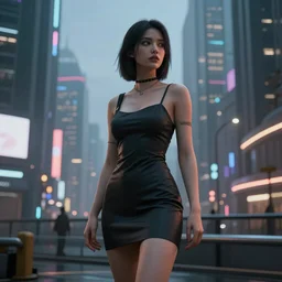 Woman in the evening dress in the cyberpunk city by Ivan Lopez, photorealistic, unrealengine, 3d render, 8k resolution