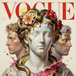 3 d marble statue of fancy head with melting snakes and flowers over, multiple splashes of golden and red and black paint, liquid white and pink metal, sun, vogue cover style, poster art, high detail, intricate oil painting, multiple exposure, stanley kubrick mood, hyperrealism, 3 d, by tooth wu and wlop and beeple and greg rutkowski