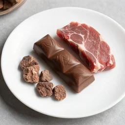 chocolate and meat and rocks on a plate