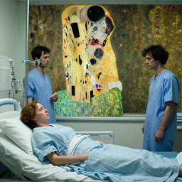 a woman in hospital, hyperrealistic film still by edward hopper, by gottfried helnwein, by klimt, by paolo uccello, art nouveau, highly detailed, strong lights, liminal, eerie, symbolist, bright pastel colors