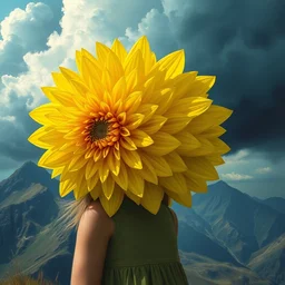 closeup girl with huge yellow dahlia flower face, standing on mountain, surreal photography, blue storm clouds, dramatic light, impressionist painting, digital painting, artstation, simon stalenhag