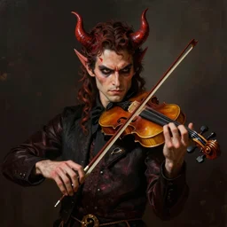 portrait of a devil playing a fiddle, handsome, menacing, photorealistic, medium shot, cinematic lighting, digital art, illustration, very detailed, by luis royo