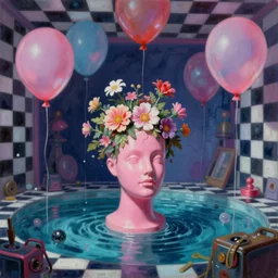 scifi, liminal spaces, party balloons, checkered pattern, David Friedrich, award winning masterpiece with incredible details, Zhang Kechun, a surreal vaporwave vaporwave vaporwave vaporwave vaporwave painting by Thomas Cole of an old pink mannequin head with flowers growing out, sinking underwater, highly detailed