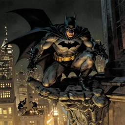 batman crouching on a gargoyle, by tim bradstreet and mike mignola, photorealism, claws, cityscape, night lighting, lynn varley, lovern kindzierski, steve oliff