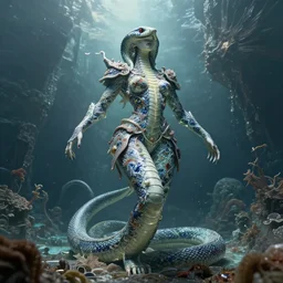 dynamic pose!! symmetry! biblical diabolical bautiful cyborg snake with glowing veins, intricate detailed porcelain armor, ocean on alien planet titan, underwater photography, by gerald brom, by mikhail vrubel, by peter elson, muted colors, extreme detail, trending on artstation, 8 k