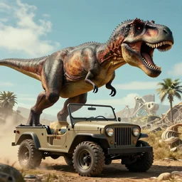 tyrannosaurus from Jurassic Park following a jeep
