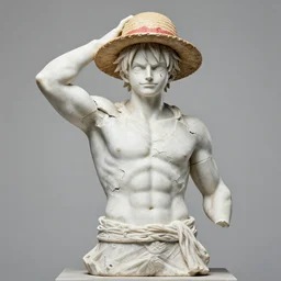 photo of fragmented greek sculpture of Luffy using his straw hat