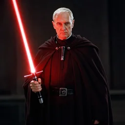 john paul ii as a sith lord wearing a dark cape holding a red lightsaber.