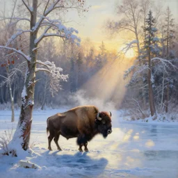 the most beautiful panoramic landscape, oil painting, where a giant dreamy lake is frozen, the trees around have snow over their leafs, a majestic bison is exhaling steam and the ray lights of the sunrise are brightening him, by greg rutkowski