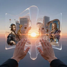 a first - person view within a floating 3 d vr hand interface by jony ive, moebius, roger dean, intricate artwork by caravaggio and james turrell, 8 k, sunrise atmospheric phenomena in translucent colloid neuomorphic interface