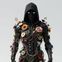 dark android hacker, a lot of flowers and wires on body, by francis bacon, by ayami kojima, by amano, by karol bak, greg hildebrandt, by mark brooks, by alex grey, by zdzisław beksinski, by takato yamamoto, radiant colors, ultra detailed, high resolution, wrapped thermal background