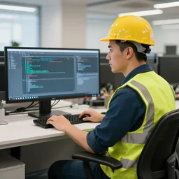 bob the builder as a software developer, sitting in front a computer, in office, photoreal, 4k,