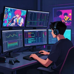 a man sitting on his computer staring at several computer monitors showing crypto trades, colourful, chill, anime asthetic, neon glow, gamer, playstation 2, digital illustration, in style of lofi hip hop digital painting by james jean, kishimoto, wlop and toriyami togashi, inspired by hirohiko araki and made in abyss, crypto trading, chill