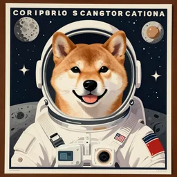 Shiba Inu cosmonaut portrait, moon mission,  60s poster, 1968 Soviet Japanese