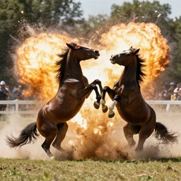 horses crashing into each other causing explosion