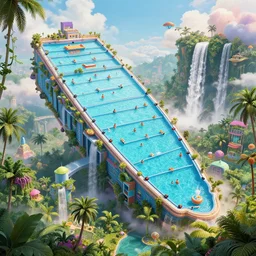 huge gargantuan angular dimension of infinite poolrooms, buildings by escher and ricardo bofill. utopian landscape by roger dean. magical realism, surrealism, lush tropical jungle, waterfalls, clouds, mallsoft, vaporwave, trending on artstation, shot from below, epic scale