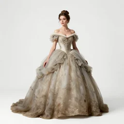 battle-worn princess in ball gown, photorealistic portrait photography, full body, standing, isolated on a pure white background, centered, whole figure in frame, sharp focus, studio lighting