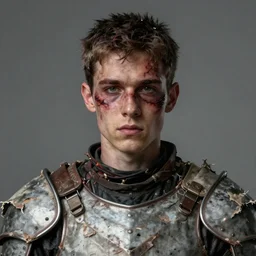 portrait painting of young man with severe burn scars on his face and poorly cropped hair with a severe expression wearing tattered light armor, ultra realistic, concept art, intricate details, eerie, highly detailed, photorealistic, octane render, 8 k, unreal engine. art by artgerm and greg rutkowski and charlie bowater and magali villeneuve and alphonse mucha