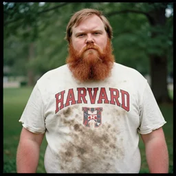 obese redneck man with long beard wearing dirty and tattered harvard shirt, kodak gold 2 0 0,