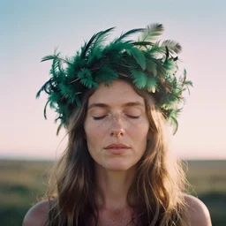A analog head and shoulder frontal portrait photography of a freckled woman wearing an intricate green feathers crown by Annie Leibovitz. Long hair. eyes closed. soft gradient pastel color background. sunshine. Kodak Color Plus 200 film. Icelandic mood. detailed. hq. realistic. Rembrandt light style. swirly bokeh. warm light. muted colors. lens flare. photoreal. Leica M9.