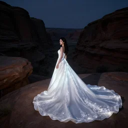 photo, a woman in a giant flowing glowing illuminated white dress with an incredibly long train, standing inside a dark western rocky scenic landscape, volumetric lighting