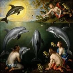 a deep lake filled with fish people, dolphins, flippers hybrid half man half fish, monstruous dolphins, lizards, toads, jumping flying and eating frogs, detail of a painting by hieronymus bosch