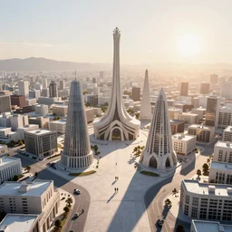 a perfect city designed by Salvador Dali bird’s eye view, sunrise, long shadows, trending on Unreal Engine 5, photorealistic, stunning, award winning photo
