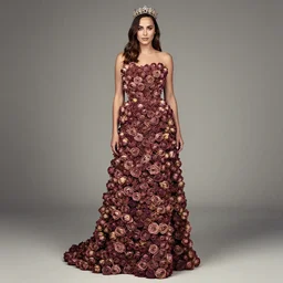 full body fine art photo of the beauty gal gadot, she has a crown and a dress made of dried roses done, the dress is a fashion new concept by oleg oprisco
