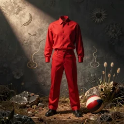 a red shirt, trousers, a ball