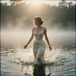a 2 8 mm holga photo of a woman in a formal gown emerging from a lake, misty, morning, splash art, movie still, bokeh, canon 5 0 mm, cinematic lighting, dramatic, film, photography, golden hour, depth of field, award - winning, anamorphic lens flare, 8 k, hyper detailed, 3 5 mm film grain