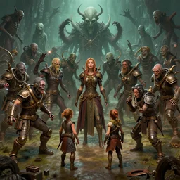 steampunk family fighting a horde of crazy lovecraftian god, 3d scene, render, ultra realistic, zenith view, Greg Rutkowski, artstation, cgsociety, unreal engine, ray tracing, detailed illustration, hd, 4k, digital art, overdetailed art, concept art, complementing colors, Trending on artstation, deviantart