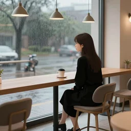 on a rainy day, the girl sits in a clean high - end coffee shop and looks out the window, illustration, concept art, elegant, smooth, serene landscape, lonely, sad, caspar david friedrich, beeple