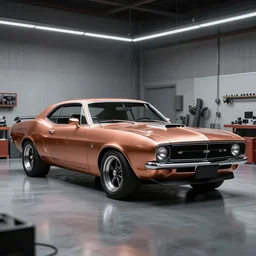 classic muscle car with copper paint, in a workshop, concept art style by pablo carpio. global illumination ray tracing render. full view.