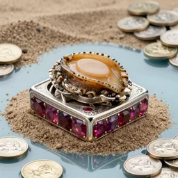 block of abalone block of inlaid silver, block of ruby, sand, water reflecting pool coins photo 4 k artstation