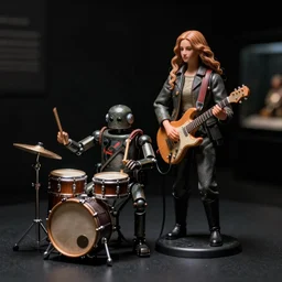 a cinematic photo shot of a beautiful 1 : 6 scale threea toys figurine by ashley wood, world war one robot playing drums and electric guitar, black background, museum light, dark mood